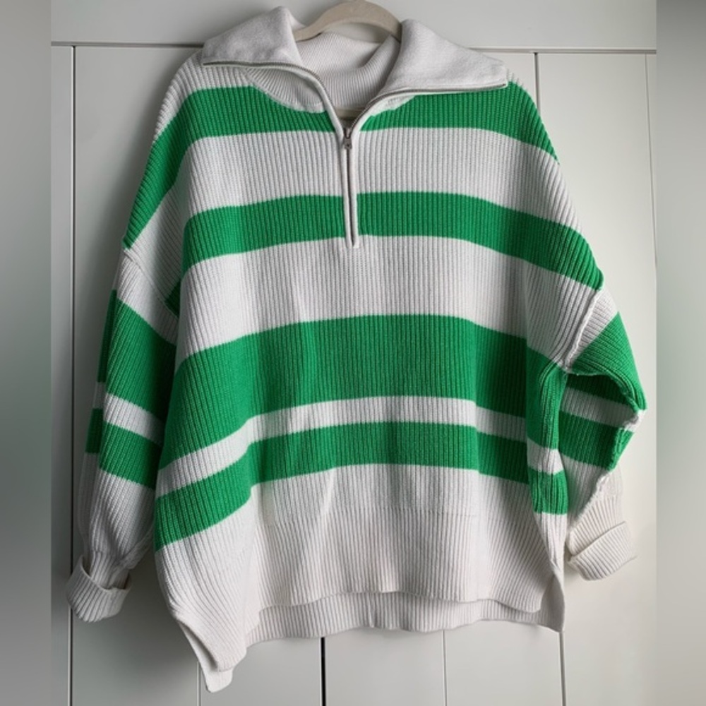 Aerie Women's Beyond Quarter Zip‎ Sweater Green and White Medium